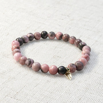 6mm pink zebra jasper bracelet with golden leaf charm