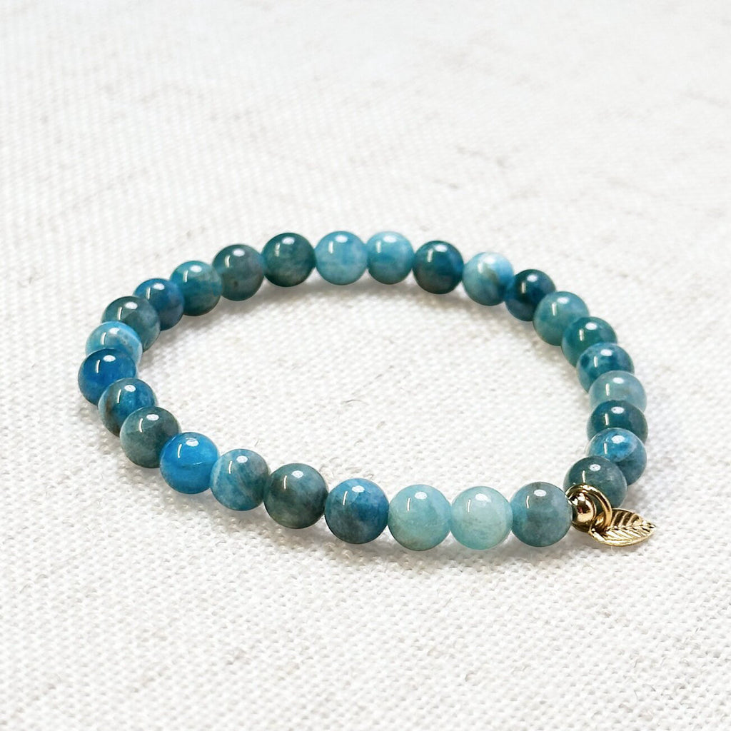 Close-up of Apatite crystal bracelet with vivid blue tones