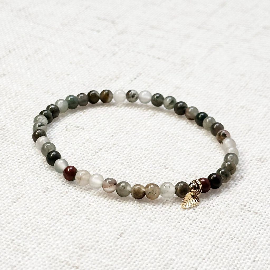 Bloodstone bracelet with 4mm natural beads and golden leaf charm