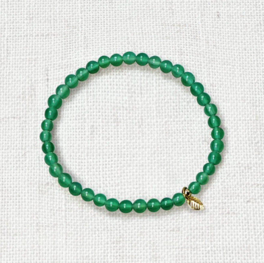 Chrysoprase stone bracelet with golden leaf charm and 4mm beads