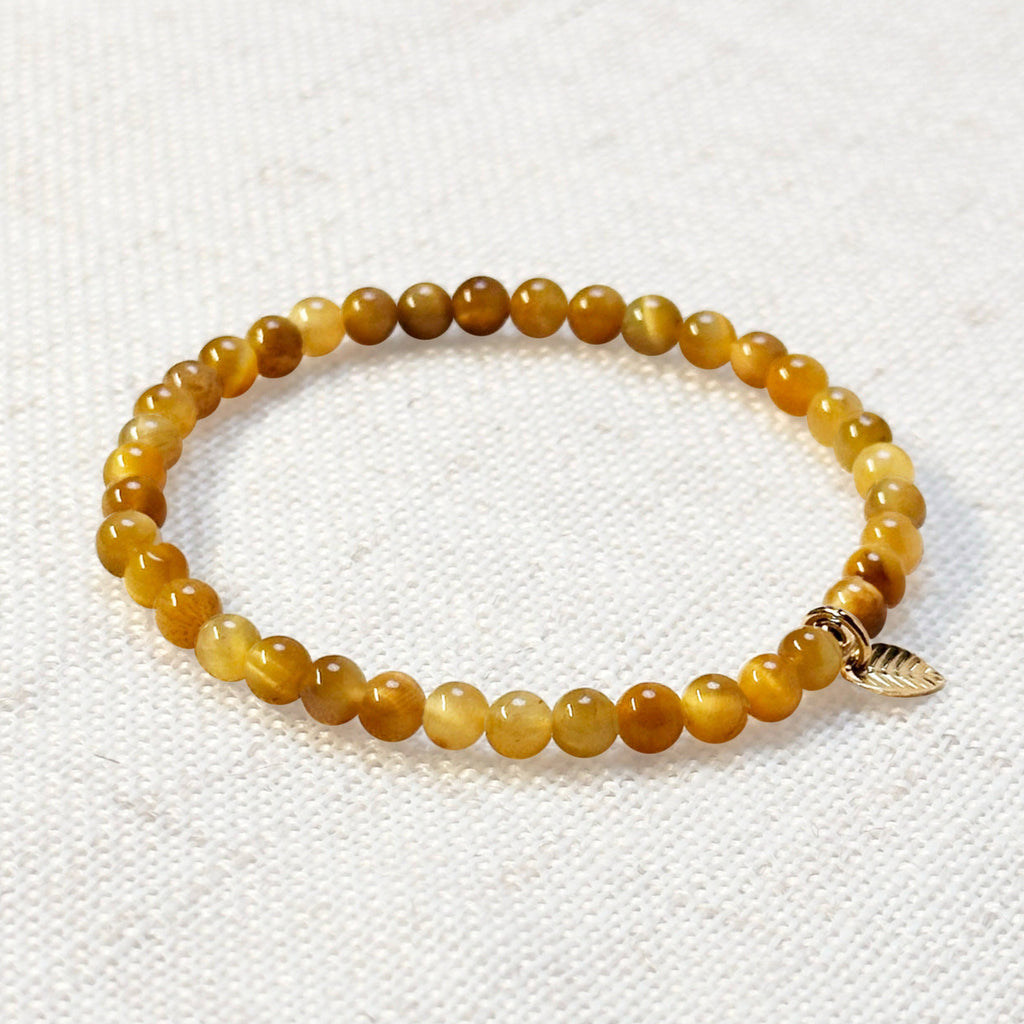 Golden tiger’s eye bracelet with 4mm beads and gold leaf charm