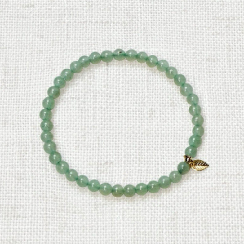 Green aventurine bracelet with 4mm beads and golden leaf charm