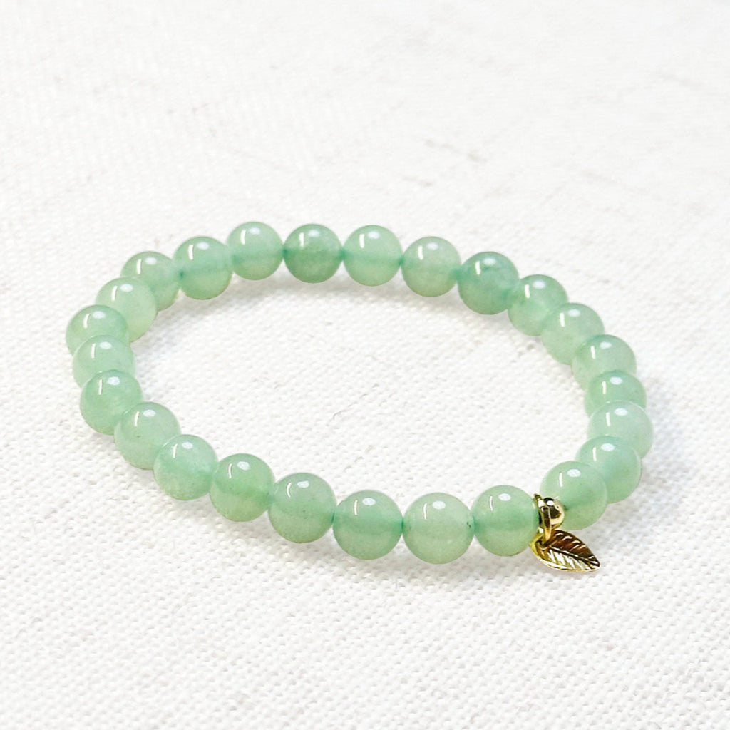 Green aventurine bracelet with 6mm beads and golden leaf charm