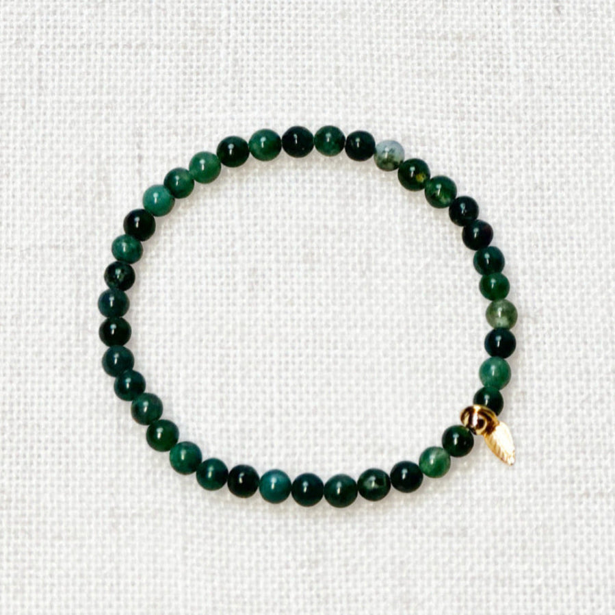 Moss agate bracelet with 4mm green beads and golden leaf charm for grounding and growth