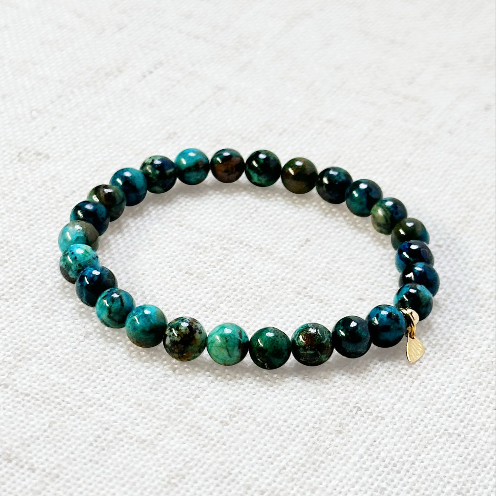 Peruvian Phoenix turquoise bracelet with golden leaf charm – 6mm