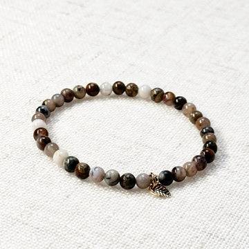 Pietersite bracelet with 4mm brown energy beads and gold leaf charm for grounding