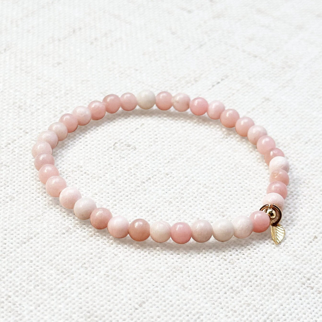 Pink opal bracelet with 4mm beads and golden leaf charm for emotional healing