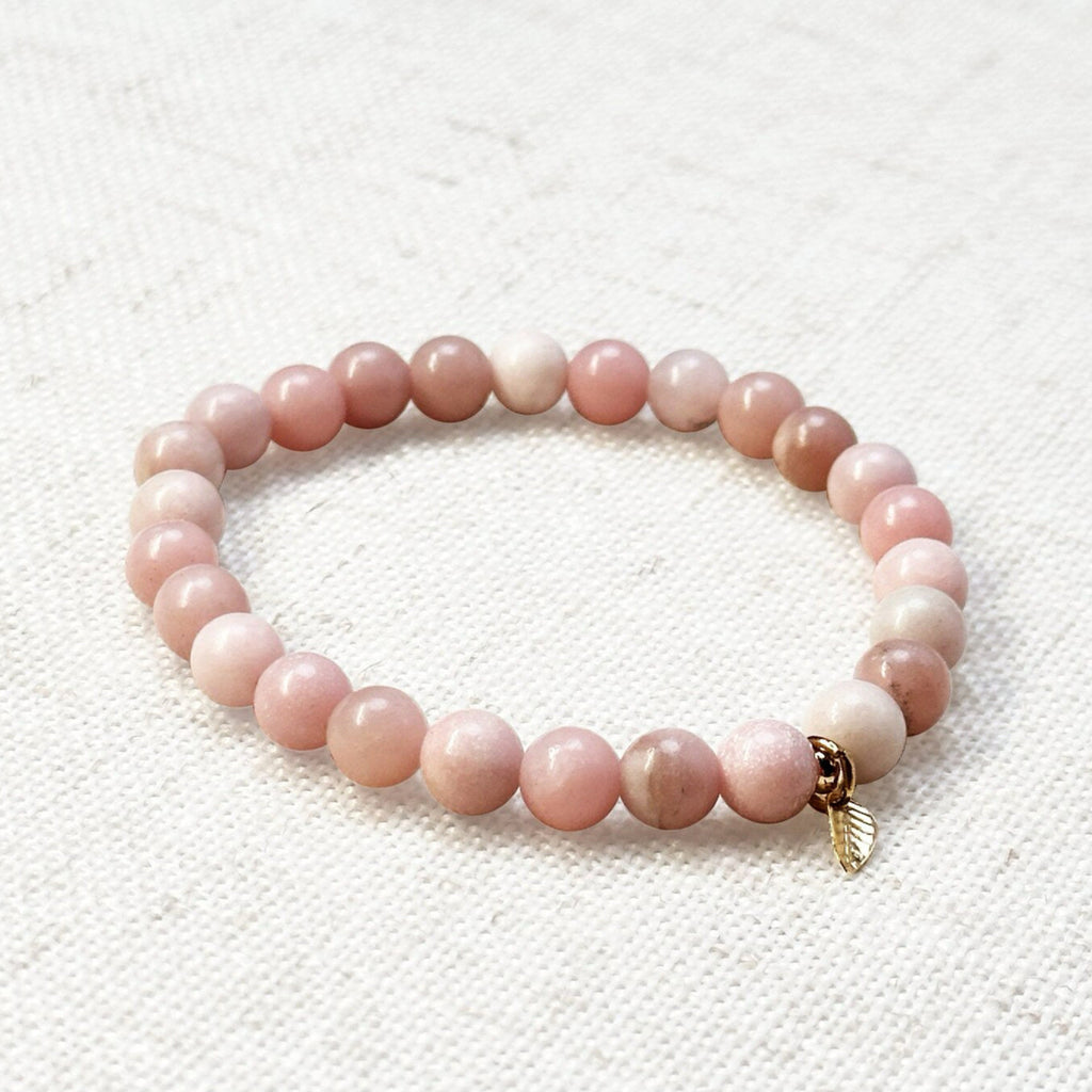 Pink opal bracelet with 6mm natural beads and gold leaf charm for emotional healing