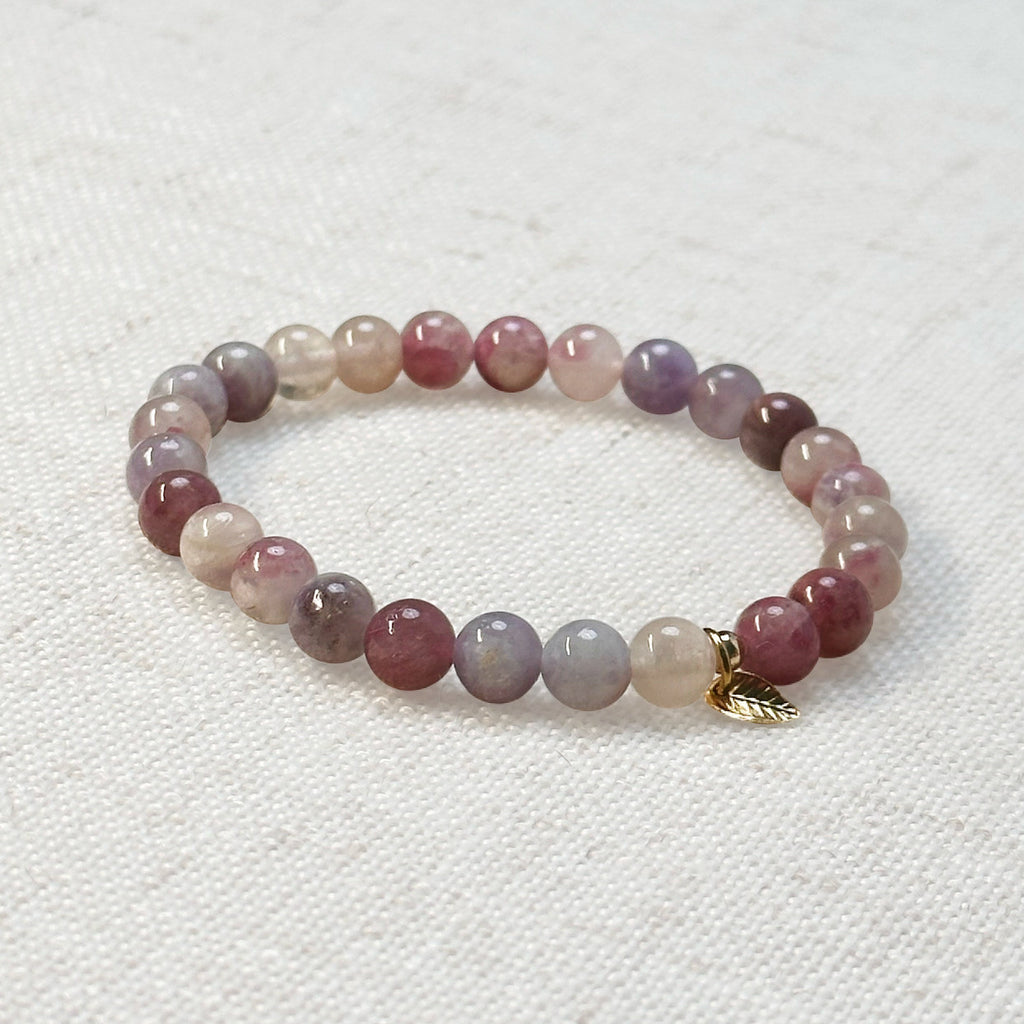 Pink tourmaline bracelet with 6mm natural beads and golden leaf charm for love and healing