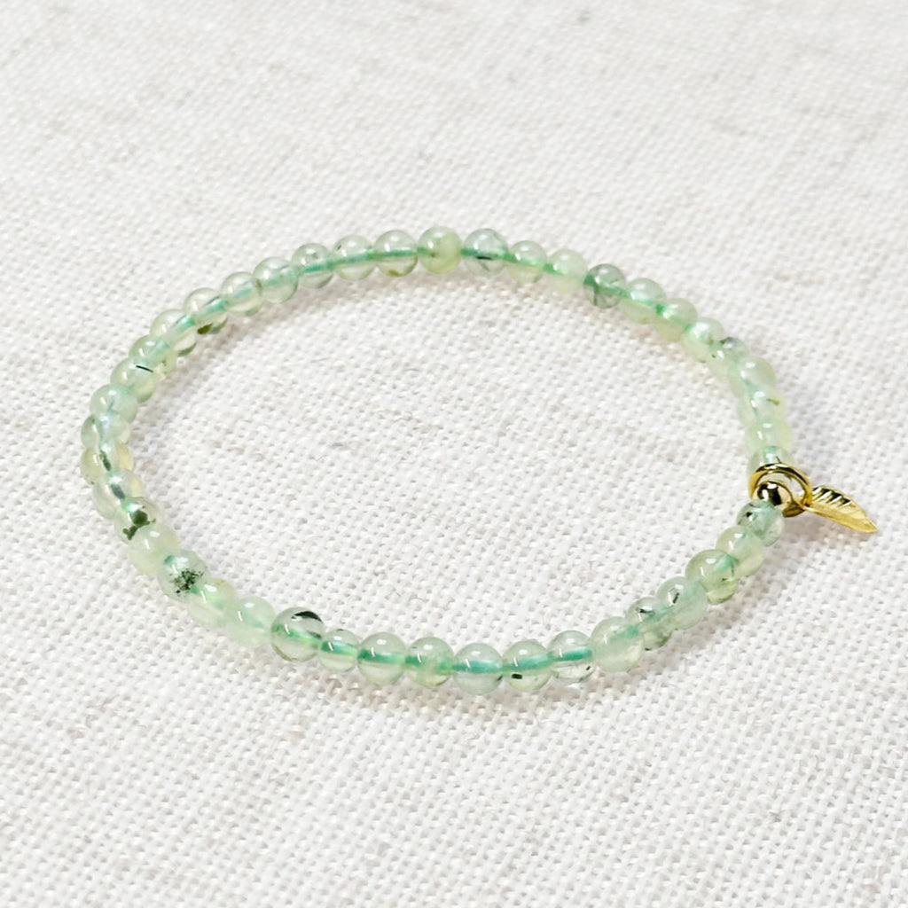 Prehnite bracelet with 4mm natural green beads and golden leaf charm for peace and balance