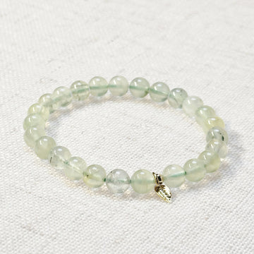 Prehnite bracelet with 6mm beads and golden leaf charm for calm and clarity