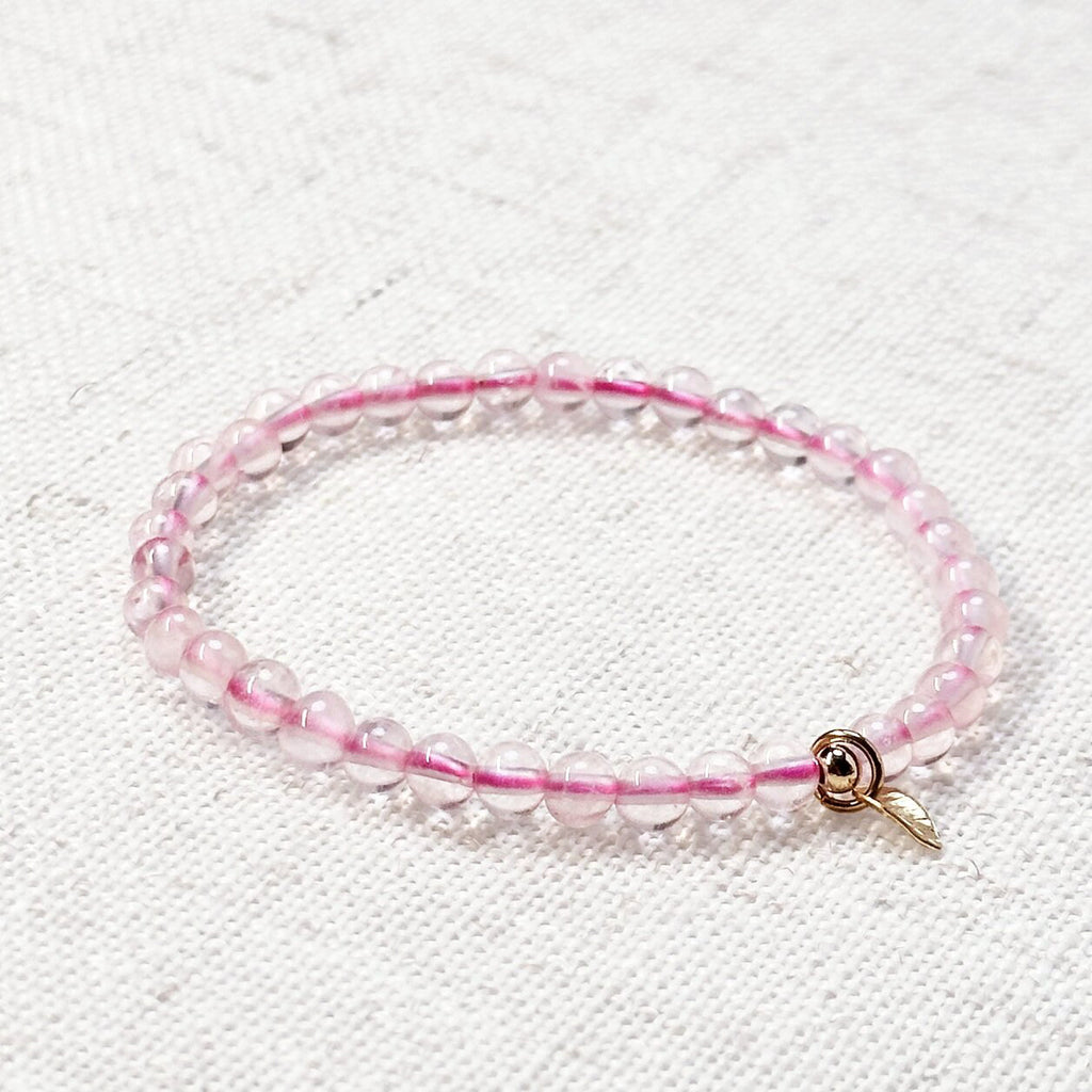 Rose quartz bracelet 4mm beads with golden leaf charm for love and healing