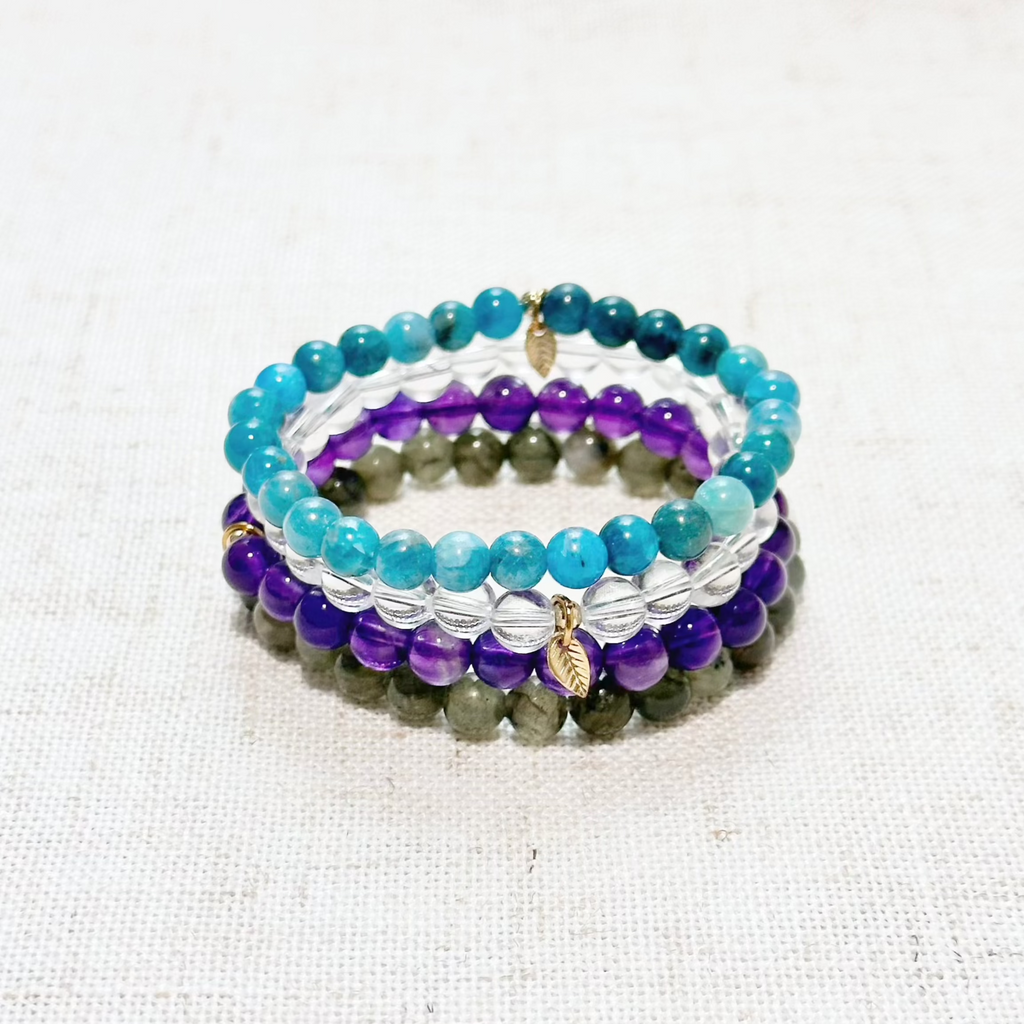 Spiritual Growth & Intuition bracelet set with Clear Quartz, Amethyst, Lapis Lazuli, and Labradorite beads.