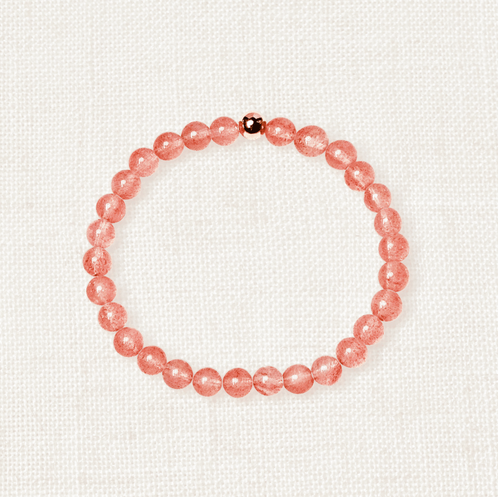 Strawberry quartz bracelet with golden leaf charm, 6mm beads