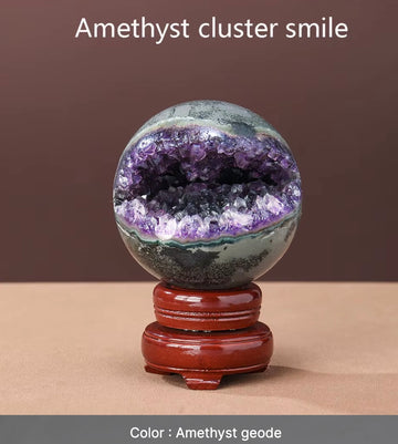 “Amethyst Geode Crystal Sphere radiating peace, protection, and healing, perfect for home decoration.”