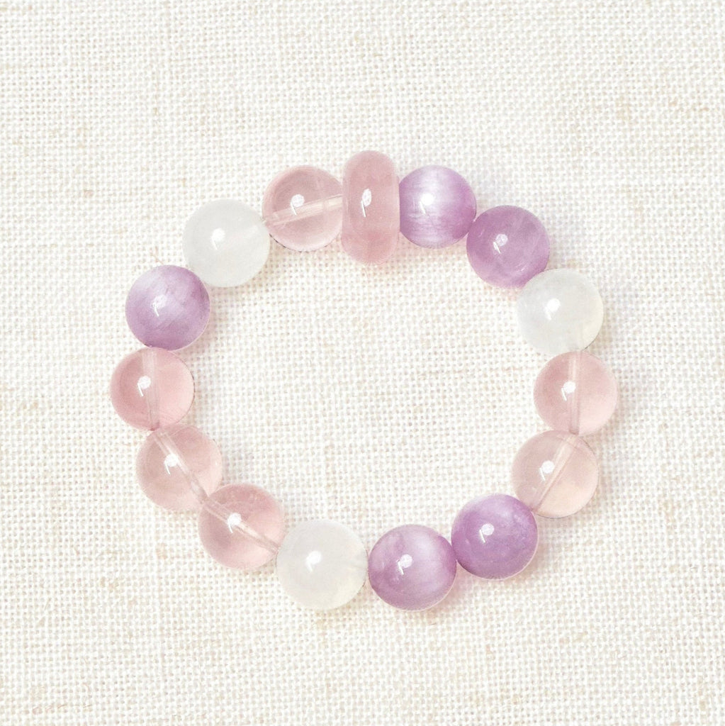 Crystal Bracelet, Starlight Pink for love, Purple Lepidolite for tranquility, and Blue Moonstone for intuition